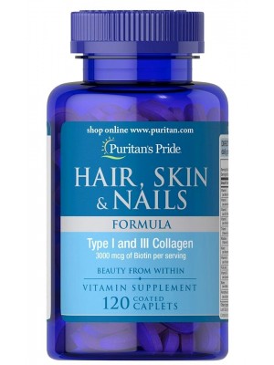 Puritan's Pride Hair, Skin & Nails Formula Type 1 and 3 Collagen (120 таб.)